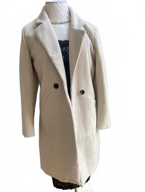 Fashion Beige Wool Blend Long Coat with Black Buttons Medium
